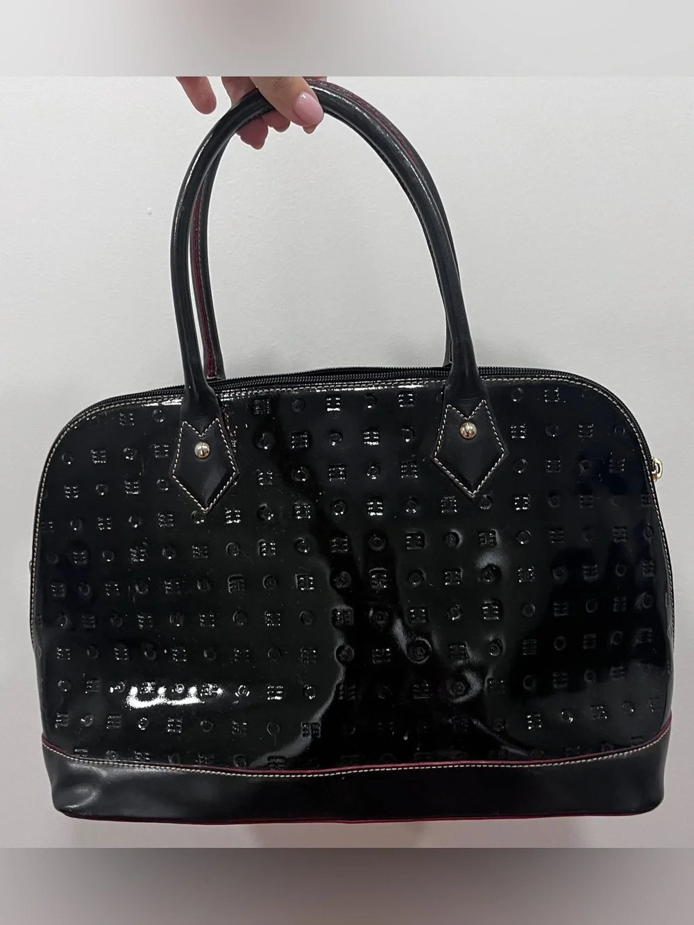Arcadia Black Patent Leather Embossed Dome Satchel Bag Made in Italy